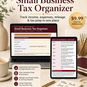 May include: A digital Small Business Tax Organizer workbook displayed on a laptop and tablet screen. The interface features sections for business information, income, expenses, and mileage tracking with gold-shaded cells for data entry.