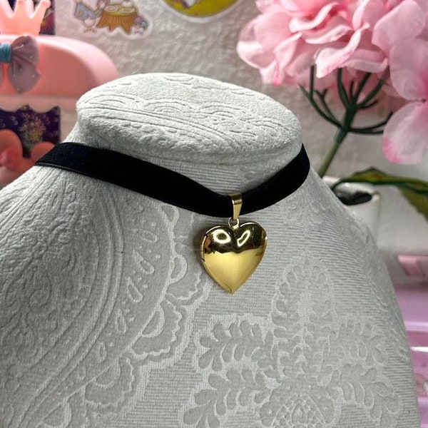 Priscilla Choker Necklace | Choker, heart locket, coquette core, lana del rey, gold jewelry, black choker, y2k, cottage core, handmade