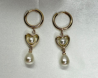 Gold Pearl Heart Earrings | drop earrings, pearl jewelry, hoop earrings, gold jewelry, coquette core, dangle earrings, cottage core, y2k