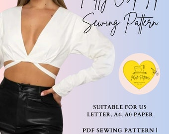 Puff Sleeve Crop Top Sewing Pattern, Flare Sleeve Festival Top, Hippie Top, Long Sleeve Tie Top, Summer Beach Top Pattern, XS - XL