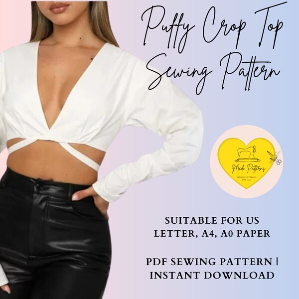 Puff Sleeve Crop Top Sewing Pattern, Flare Sleeve Festival Top, Hippie Top, Long Sleeve Tie Top, Summer Beach Top Pattern, XS - XL