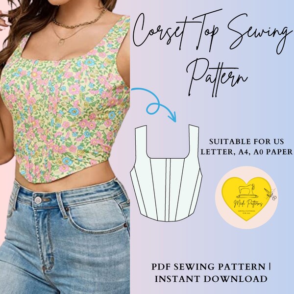 Corset Top PDF Sewing Pattern | Corset Crop Top Bustier Pattern for Women | Summer Top XS, S, M, L, XL Shirt Top Pattern Sewing pdf
