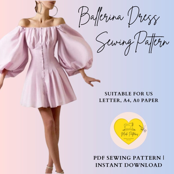 Ballerina dress pattern|off shoulder puff sleeve dress sewing pattern|women dress sewing pattern|puffy sleeve dress pattern|13 sizes pattern
