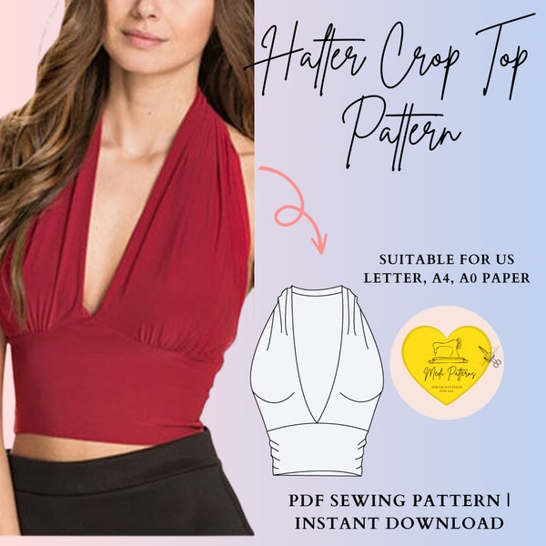 PDF Halter Crop Top Sewing Pattern|Digital sewing pattern|US Size 4 -16|Womens halter neck bralet style cropped-top, with tie back fastening