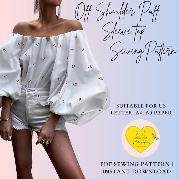 Off shoulder puff sleeve top sewing pattern|women pdf sewing pattern|off shoulder top sewing pattern 10sizes |top sewing pattern pdf pattern