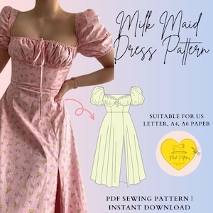 Milkmaid dress Sewing pattern | Cottagecore dress sewing pattern | women sewing pattern XXS to XXL | instant download milkmaid pattern