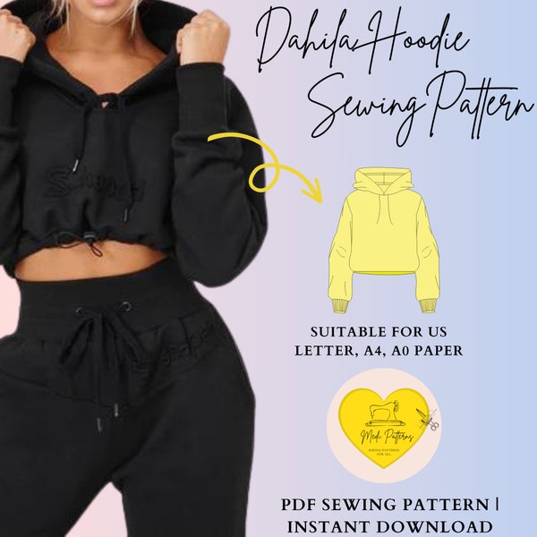 Dahlia Hoodie Pattern|Crop top hoodie sewing pattern|women sewing pattern|PDF sewing pattern 13 sizes|Hoodie pattern|swaetshirt pattern|Medi