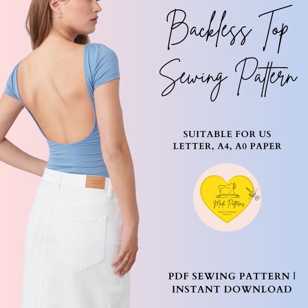 Y2K Backless Top Sewing Pattern | 90s Inspired Low Back Tee | Open Back Tshirt | Crop Top Y2K | Backless Summer Shirt - A0, A4 Us-Letter