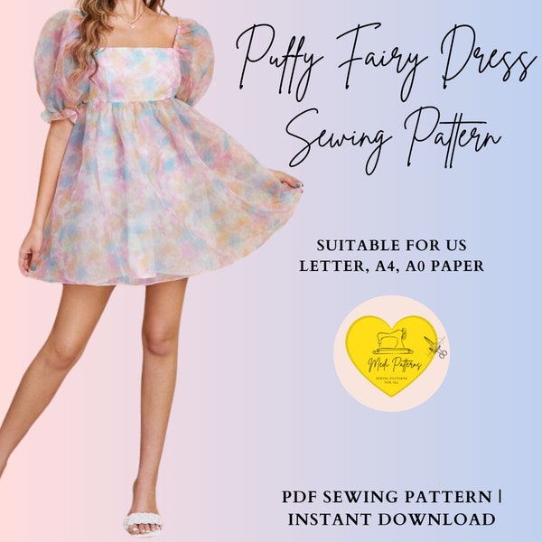 Puff Sleeve Fairy Dress Sewing Pattern, Lolita Dress, Princess Dress, Prom Dress, Tulle Dress, Cinderella Gown, A4, A0, US + Instructions