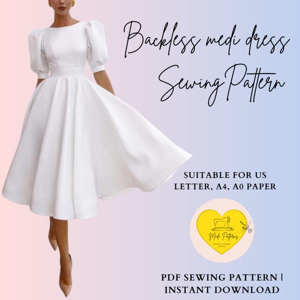 Backless puff sleeve midi dress|dress sewingpattern|women sewing pattern|midi dress pattern|backless dresssewing pattern|puff sleeve pattern