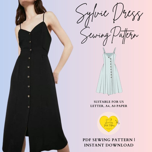 90's summer midi dress sewing pattern|digital PDF sewing pattern A4 & A0 - size XS to XXL|button down dress pattern| asymmetrical mididress