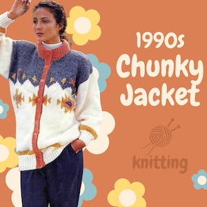 Może przedstawiać: Biały, gruby kardigan z dzianiny z kolorowym geometrycznym wzorem. Kardigan ma wysoki kołnierz i zapięcie na guziki. Modelka nosi niebieskie dżinsy i ma swobodny, luźny wygląd. 1990s Chunky Jacket knitting.