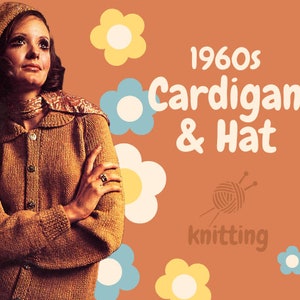May include: A woman wearing a brown knitted cardigan and matching hat. The cardigan has a button closure and the hat is a beret style. The background is a peach color with yellow and blue flowers.