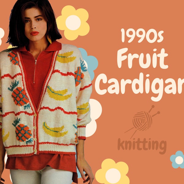 Modèle numérique PDF | Cardigan aux fruits des années 90 | Motifs de fruits | Cardigan rétro | TricotAvecStyle | Millésime néo-zélandais |
