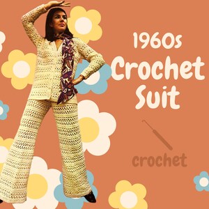 May include: A woman wearing a crocheted suit in a cream color. The suit is a top and pants. The woman is standing with her arm raised and is wearing a patterned scarf. The background is a peach color with yellow and blue flowers.