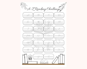 May include: A-Z Reading Challenge printable with a black and white illustration of a bookshelf with books and a plant. The printable has a list of letters from A to Z with blank lines next to each letter.