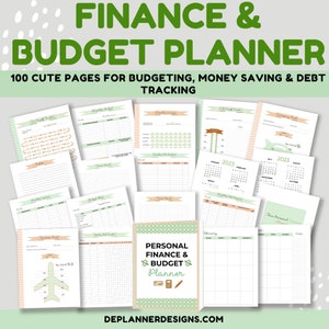 Könnte beinhalten: Ein grüner und pfirsichfarbener druckbarer Budgetplaner mit dem Text "PERSONAL FINANCE & BUDGET PLANNER" und "DEPLANNERDESIGNS.COM". Der Planer enthält Seiten zur Verfolgung der monatlichen Ausgaben, Ersparnisse und Schulden.