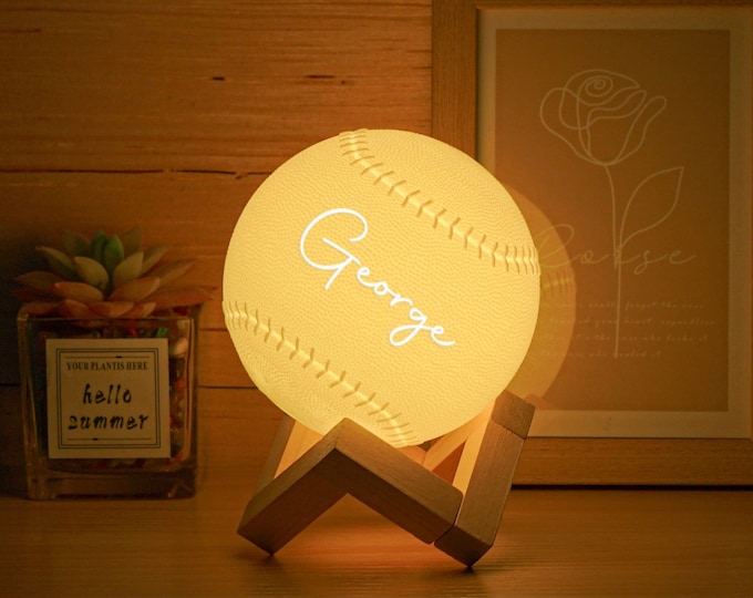 Personalized Gift Baseball 3D Night Light - 16-Color LED, Rechargeable, USB, Ceramic/Wood Base Gifts for Mom Her Girls Boys Him
