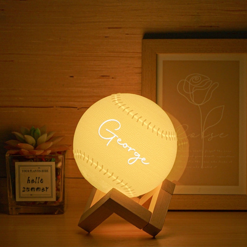 Personalized Gift Baseball 3D Night Light - 16-Color LED, Rechargeable, USB, Ceramic/Wood Base