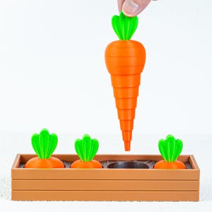 May include: A wooden planter box with three orange carrots with green tops. A large, segmented orange carrot with a green top is held above the box. The toy is designed to teach children about gardening.