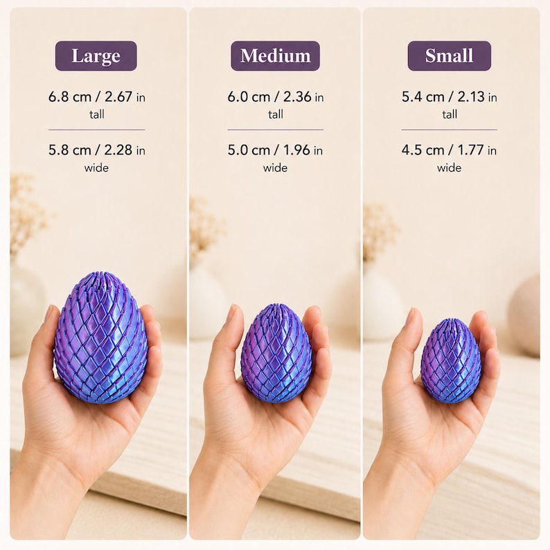 May include: Three sizes of a dragon egg sculpture in shades of blue and purple. The large egg is 2.67 inches tall and 2.28 inches wide. The medium egg is 2.36 inches tall and 1.96 inches wide. The small egg is 2.13 inches tall and 1.77 inches wide.