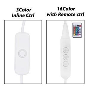 May include: Two white LED light strip controllers. The left controller has a single button and is labeled "3Color Inline Ctrl". The right controller has three buttons and is labeled "16Color with Remote ctrl". A small remote control with 16 colored buttons is shown next to the right controller.