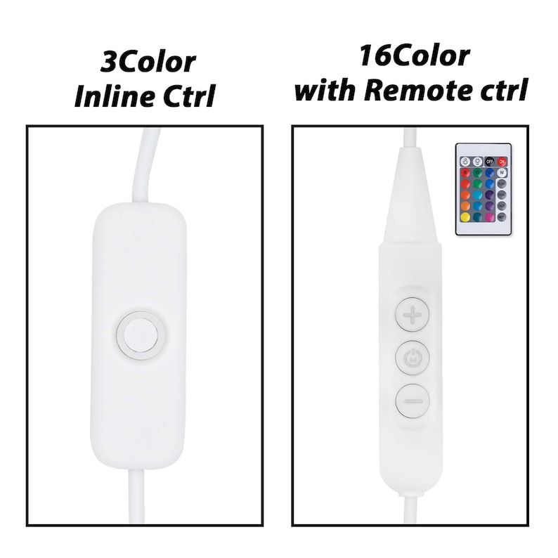 May include: Two white LED light strip controllers. The left controller has a single button and is labeled "3Color Inline Ctrl". The right controller has three buttons and is labeled "16Color with Remote ctrl". A small remote control with 16 colored buttons is shown next to the right controller.