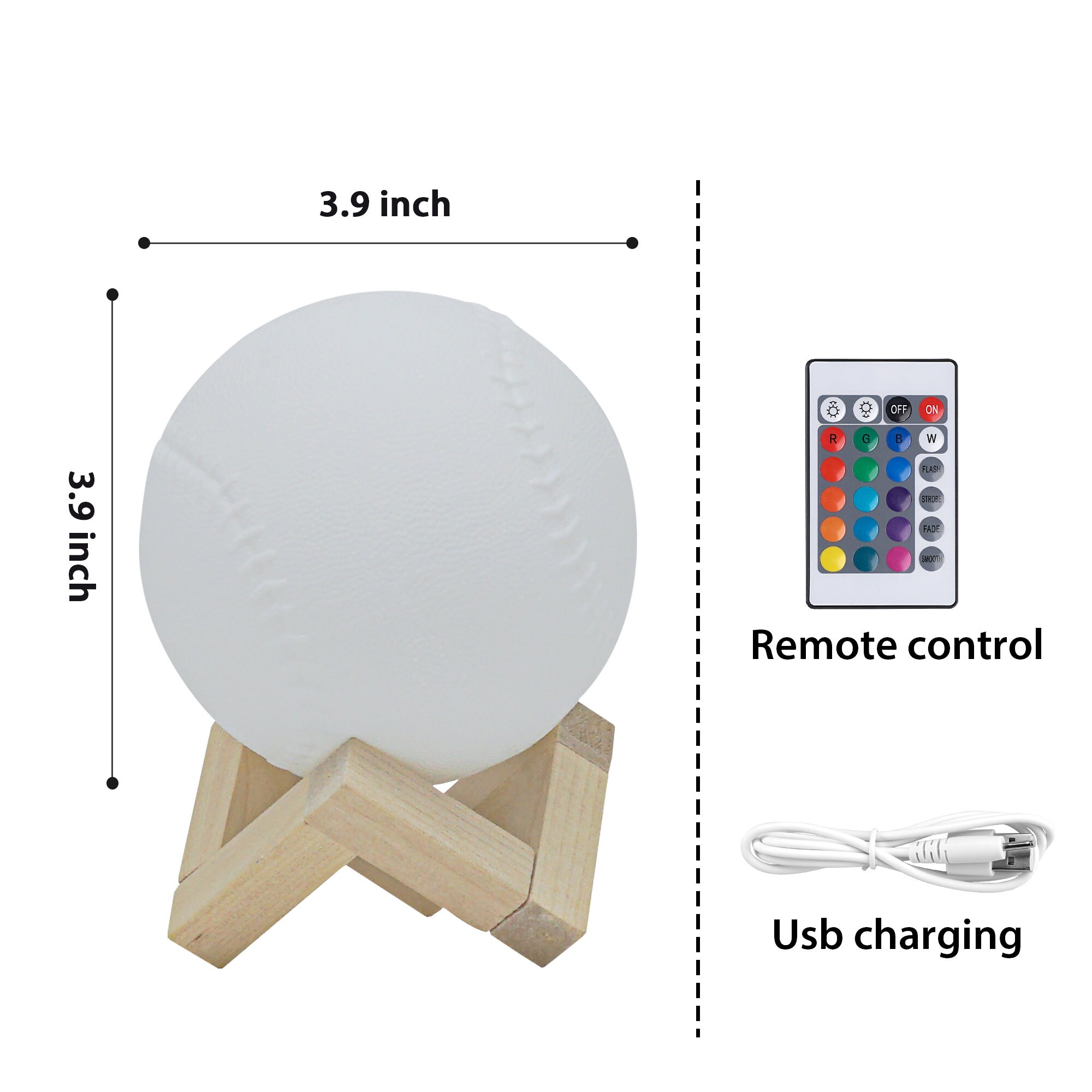 Personalized Gift Baseball 3D Night Light - 16-Color LED, Rechargeable, USB, Ceramic/Wood Base