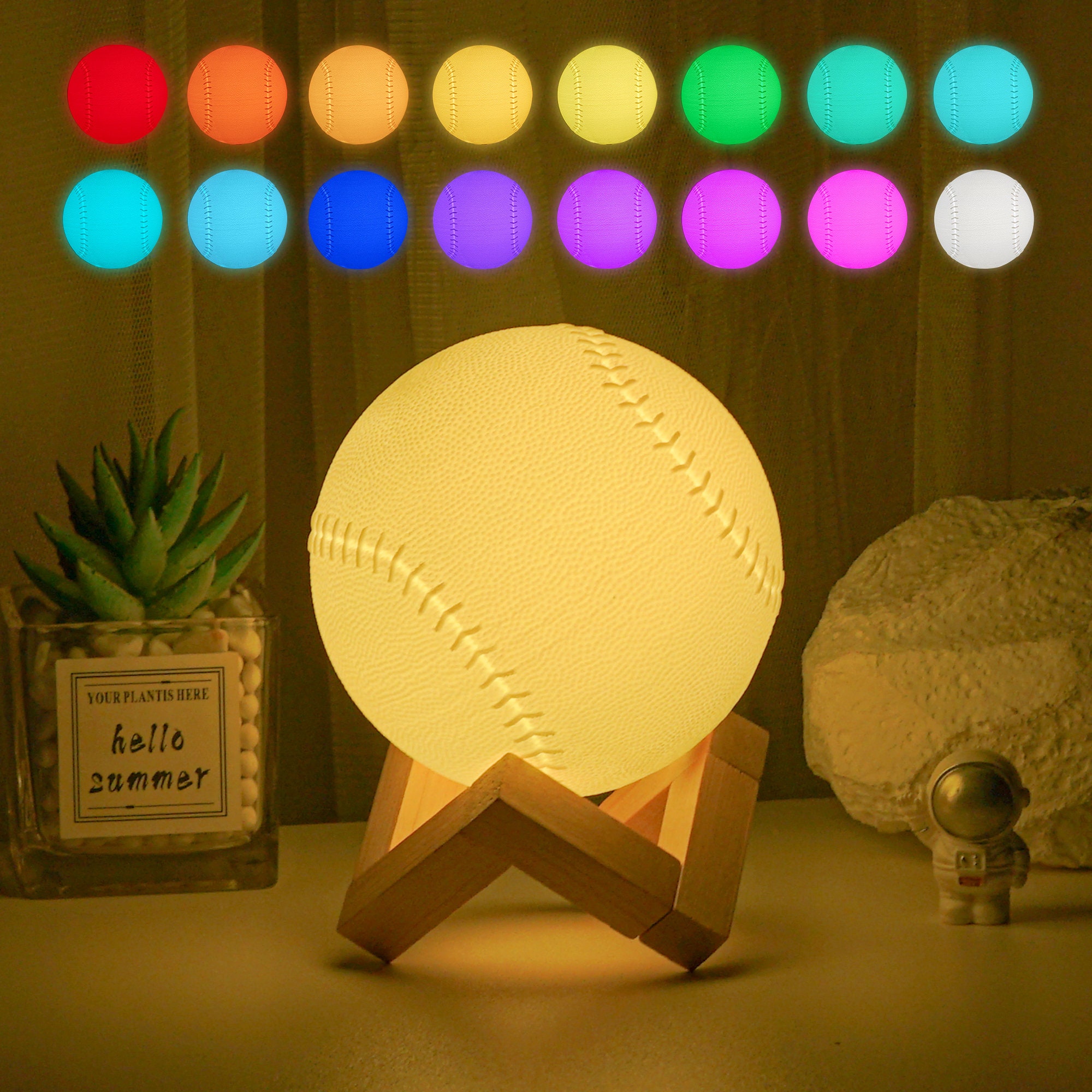 Personalized Gift Baseball 3D Night Light - 16-Color LED, Rechargeable, USB, Ceramic/Wood Base