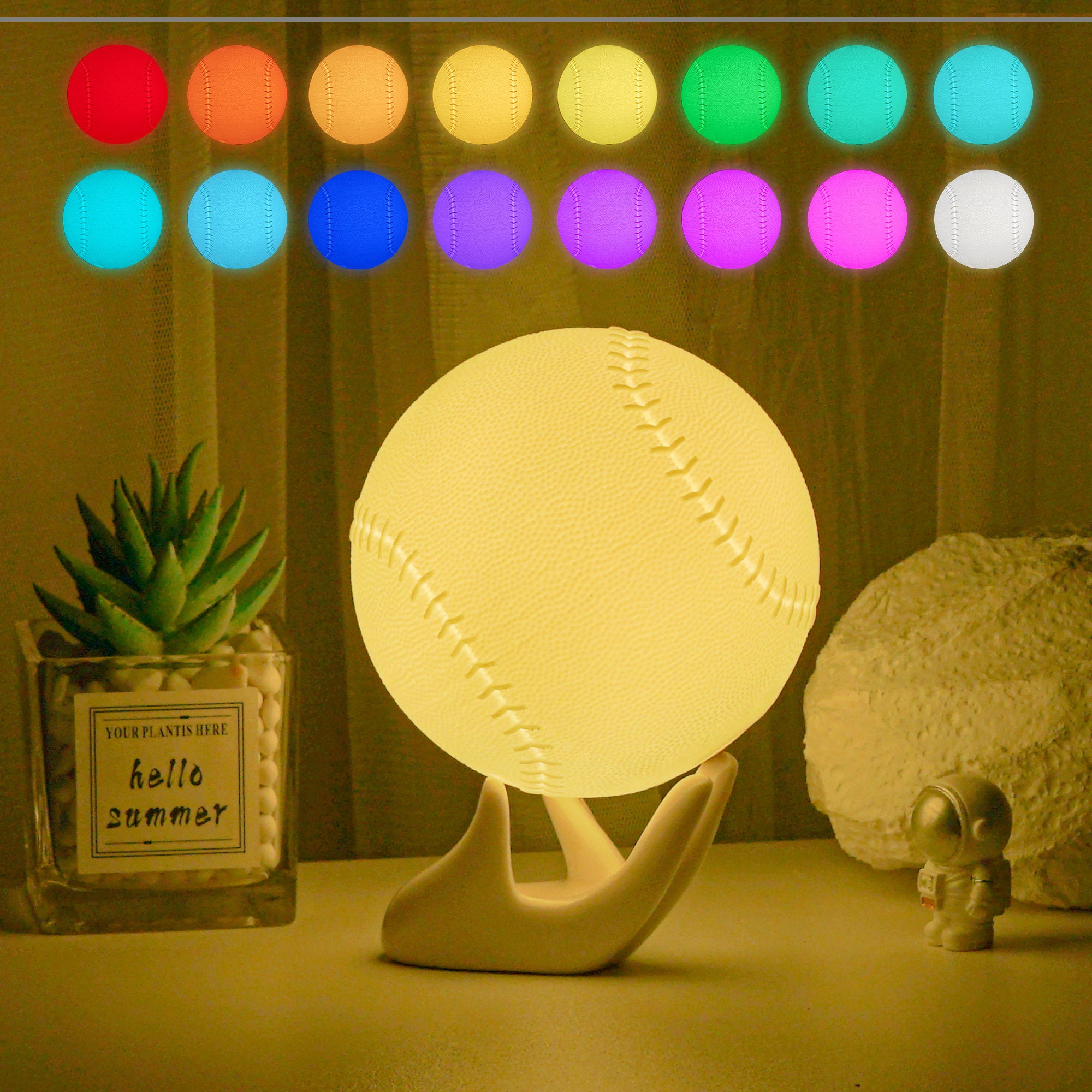 Personalized Gift Baseball 3D Night Light - 16-Color LED, Rechargeable, USB, Ceramic/Wood Base