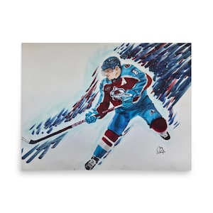 May include: A watercolor painting of a hockey player in a maroon and blue uniform skating forward while holding a hockey stick. The background features dynamic blue and red brushstrokes suggesting motion, with a signature in the bottom right corner.