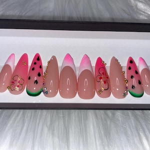 Press on nails pink watermelon