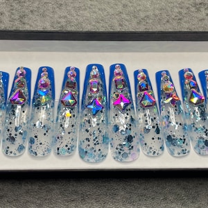 XL blue bling press on nails