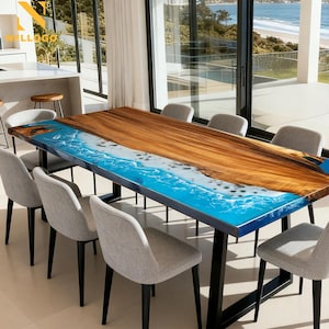 May include: A rectangular dining table with a wooden top and a blue epoxy resin design resembling ocean waves. The table is supported by a black metal frame and surrounded by gray upholstered chairs.