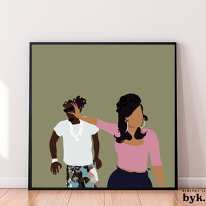 Puede incluir: Una ilustración digital de un hombre y una mujer sobre un fondo verde. La mujer lleva una camisa rosa y pantalones vaqueros azules. El hombre lleva una camisa blanca, una cadena de oro y pantalones estampados. La mujer está tocando la cara del hombre con su mano.