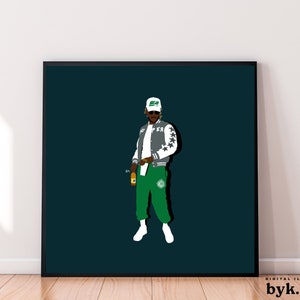 Könnte beinhalten: Eine digitale Illustration einer Person, die eine graue Jacke mit weißen Sternen, eine grüne Mütze und eine grüne Hose trägt. Die Person hält eine grüne Flasche in der rechten Hand. Der Hintergrund ist dunkelblau.