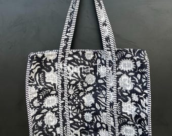 Handprinted Cotton Tote Bag: Large Reversible Floral Quilted Shopper