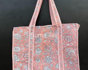 Handprinted Reversible Cotton Tote Bag: Large Floral Shopper, Boho Art