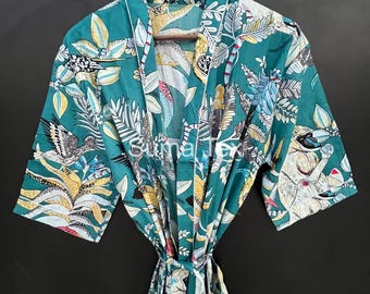 Handmade Cotton Kimono Robe, Block Print Dressing Gown, Summer Nightwear
