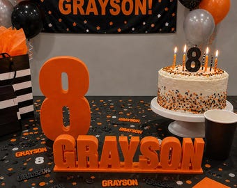 Custom Birthday Party Decor Set | Personalized Name Centerpiece, Number Sign, Cake Topper & Matching Confetti | Any Name  Age | Table Decor