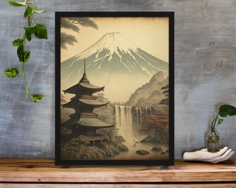 Temple At The Mount Fuji 1937 - Illustration in Japanese Art Style | Wall decoration rural landscape I Matt