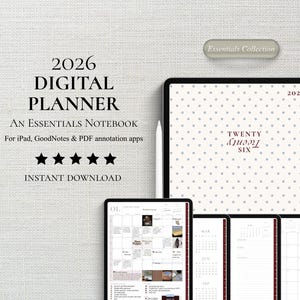 May include: A digital planner for 2026 displayed on multiple tablets. The planner features a polka dot cover and calendar pages. Text includes "2026 DIGITAL PLANNER" and "INSTANT DOWNLOAD."