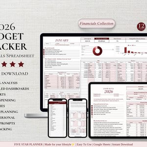 Può includere: Un foglio di calcolo per il monitoraggio del budget 2026 visualizzato su un laptop, un tablet e due smartphone. L'interfaccia presenta dashboard finanziarie, grafici e tabelle con accenti rosa. Il testo include 2026 BUDGET TRACKER e Financials Collection.