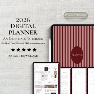 May include: Digital planner for 2026, designed for iPad and PDF annotation apps. The cover features vertical burgundy stripes and an oval with the word "PLANNER". Includes a stylus and several digital calendar pages. The text reads "Instant Download".
