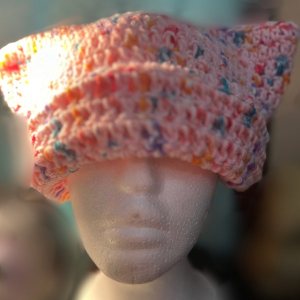 Pink Speckled Crochet Cat Ear Beanie| Kitty Ear Beanie| Oversized Cat Ear Beanie