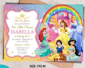 May include: A pink and blue birthday invitation with a rainbow and a castle. The invitation features Disney princesses, including Cinderella, Snow White, Ariel, Belle, and Jasmine. The text on the invitation reads "Be Our Guest Join us to Celebrate Our Little Princess Isabella is turning two! Saturday | February 25 2:00-4:00 PM Isabella's Home 12 Birthday Ave New York, FL RSVP to Janny at 1234567890".