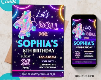 Roller skating birthday invitation instant download editable template roller skate party invitation girls neon rainbow glow birthday invite