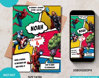 Boy Superhero Party Invite| Superheroes Birthday Invitation| Invitation Card| Instant Download Editable Template | Superhero Evite