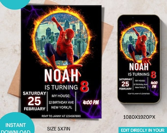 Spiderman Editable Birthday Invitation Template | Spiderman Invitation Card | Birthday Boy | Instant Download Editable Canva Template