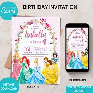 Princess First Birthday Invitation | Princess Party| Princess Invitation Card | Royal Celebration | Instant Download Editable Template| Girl